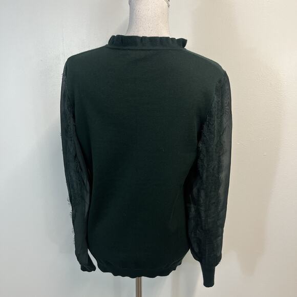Adrianna Papell Pullover Sweater Top sz Medium Hunter Green Lace Dressy Stretch - Picture 6 of 7